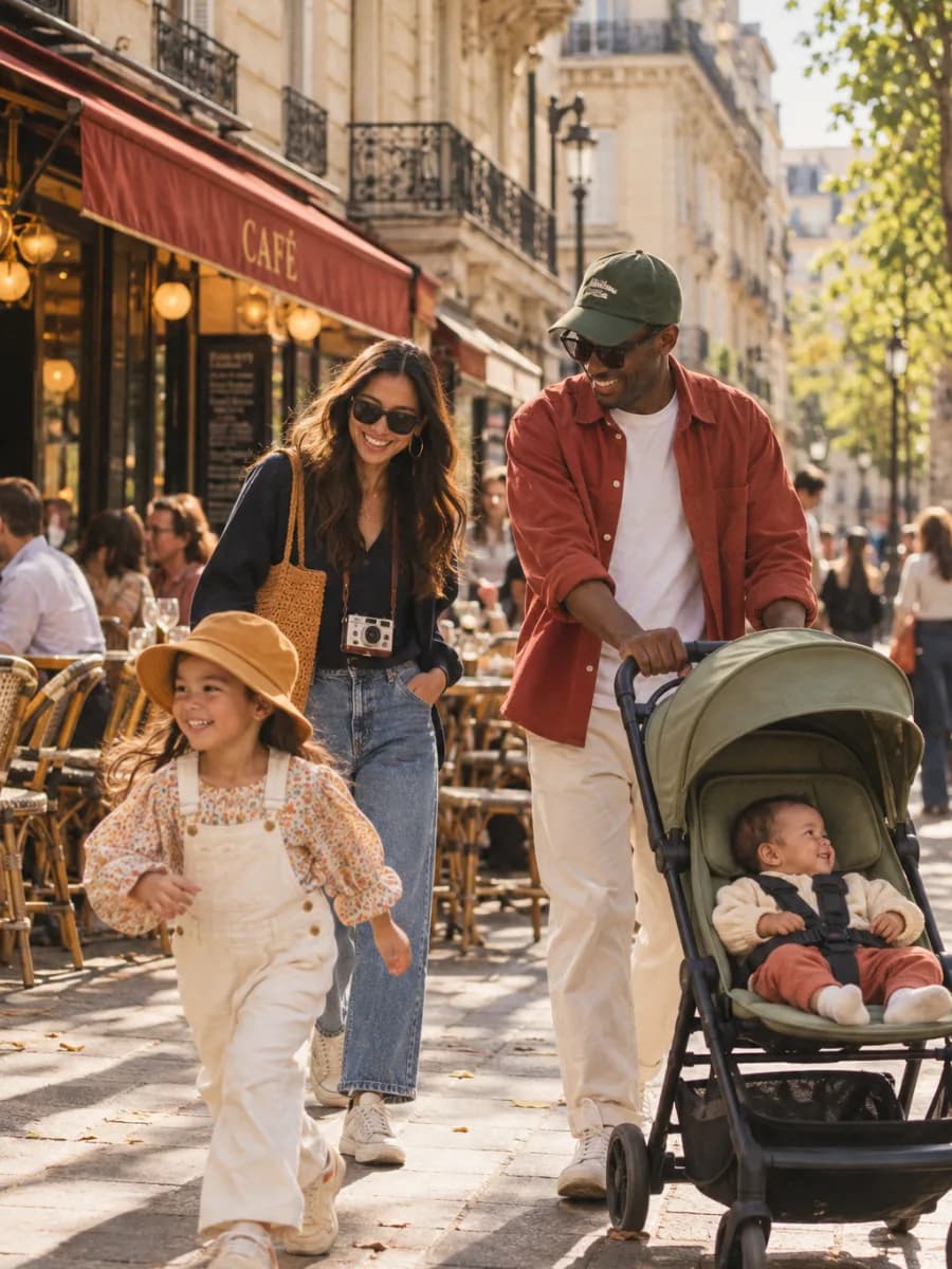 Famille avec une poussette dans les rues de Paris